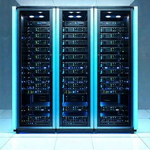 Tech Watercolor Painting: Server Rack With Blue Light Glow With Large, Blue,