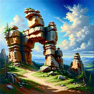 Nature Acrylic Painting: Rock Formation In Summer With Beautiful Landscape