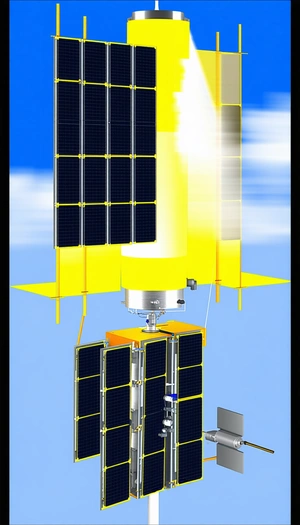 A Yellow Spacecraft Is Shown In A Blue Sky