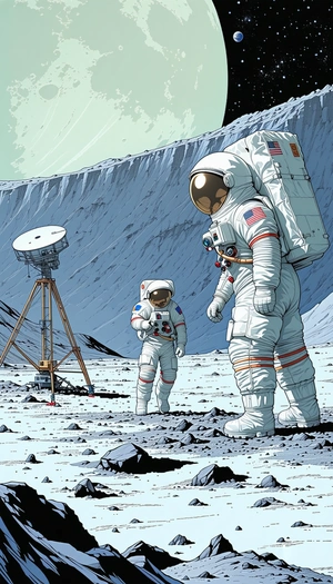 In The Image, There Are Two Astronauts Standing On The Moon, Both Wearing White Suits