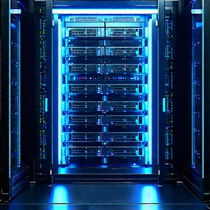 Server Rack With Blue Light Glow With Large Blue