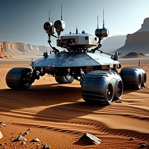 A Futuristic Vehicle, Possibly A Robot Or A Spacecraft, Parked In A Desert-like Environment