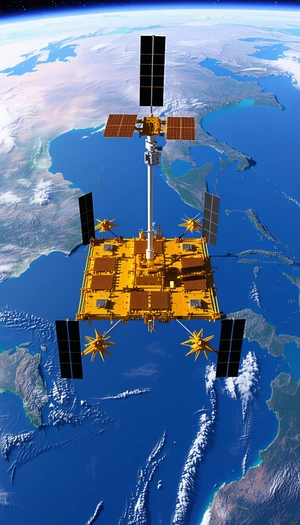 A Large Yellow Spacecraft Floating In The Sky