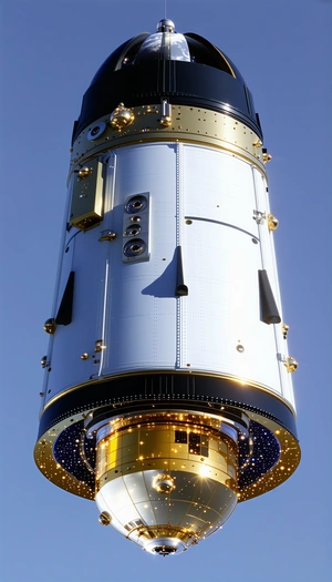 A Large, Shiny, White Spacecraft With A Gold And Black Color Scheme