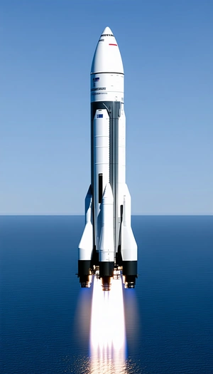 A Rocket Is Flying Through The Sky, With A Blue Ocean Beneath It