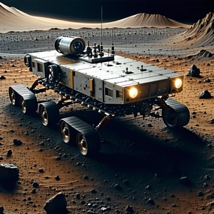 A Futuristic Vehicle Is Parked On A Rocky Surface, Possibly On A Distant Planet