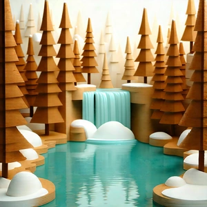 Nature Geometric Design: Waterfall Pool Surrounded By Snow-covered (trees:1.31) With Image, There