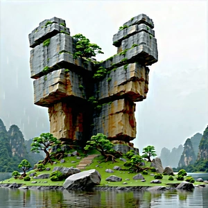 Nature Low Poly: Rock Formation In Rainy Season With Large, Intricately