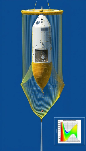 A Space Shuttle Is Shown In A Blue Sky, With A Yellow And White Netting Surrounding It