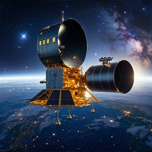 A Spacecraft With A Large Dish Antenna On Top Of It