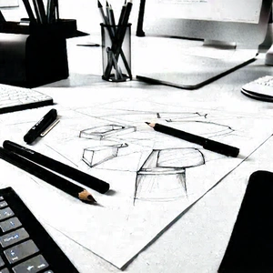 Business Charcoal Drawing: Workplace with productivity tools on desk