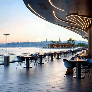 Urban Minimalist Design: Waterfront Promenade With Outdoor Dining With Large Restaurant