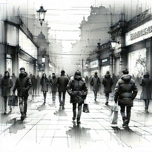 Urban Pencil Sketch: Urban shopping district scene