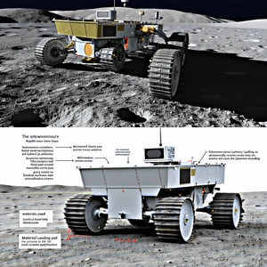 A White Robotic Vehicle, Possibly A Rover, Parked On A Rocky Surface
