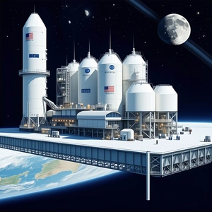A Large Space Station With A Massive Rocket Ship Docked To It