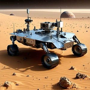 A Large Robotic Vehicle Is Parked On A Rocky Surface, With A Dirt Ground Beneath It