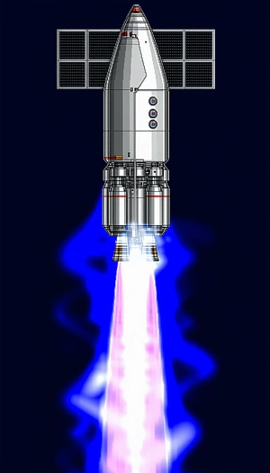 A Rocket Is Shown In A Blue And White Image, With Its Engine Lit Up