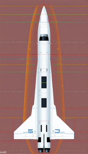 A White Rocket Ship Is Shown In A Drawing, With A Red Line Going Through The Center Of The Ship