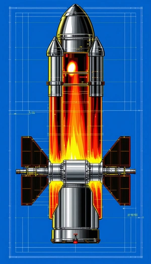 A Rocket Is Shown In A Blue Background, With A Red Flame Coming Out Of The Bottom