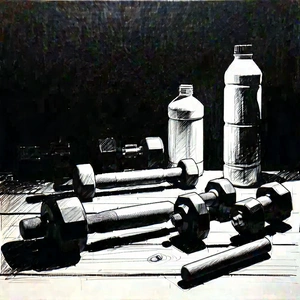 Lifestyle Charcoal Drawing: Wellness Scene With Fitness Equipment With Image, There