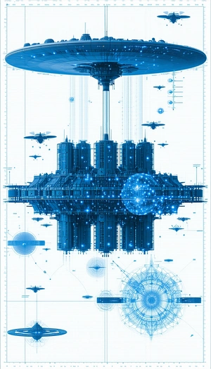 In This Futuristic Drawing, There Is A Large Blue Structure With A Sphere In The Center