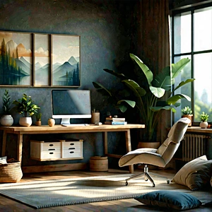 Lifestyle Long Exposure Photography: Home Office With Comfortable Textiles With Image, There