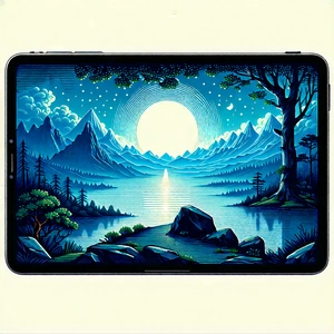 Tech Linocut Print: Tablet With User Interface With Painting Mountain