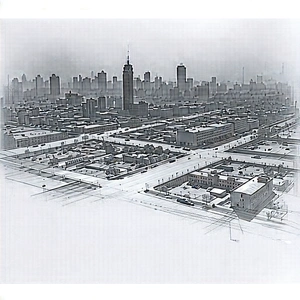 Urban Pencil Sketch: Aerial View Of Urban Renewal Area With Black White