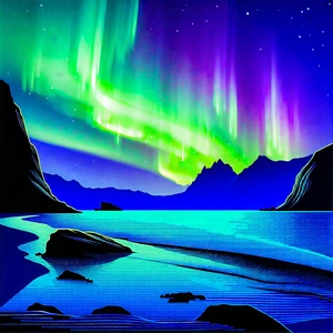 Nature Linocut Print: Northern Lights Over Coastline With Beautiful Nighttime