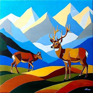 Nature Acrylic Painting: Deer In (mountain:1.39) Terrain With Deer Standing
