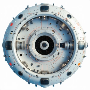 The Image Is A Close-up Of A Large, Round, White Structure With A Black Center