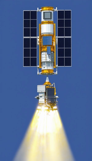 A Spacecraft Is Shown In A Close-up View, With A Satellite On Top Of It