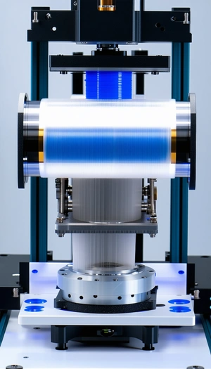 A Large, White, And Blue Machine With A Blue And White Striped Ribbon