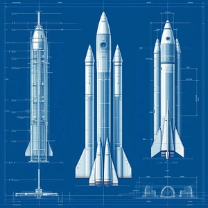 A Blue Drawing Of A Rocket Ship Is Shown In Three Different Stages