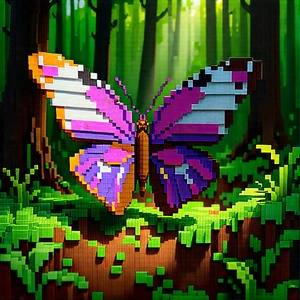 Nature Voxel Art: Butterfly In Forest Environment With Image, There