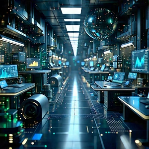 Financial Technology In Manufacturing Facility With Futuristic Scene,