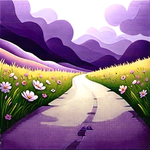 Nature Ink Drawing: Path Through Flowering Meadow With Beautiful, Grassy