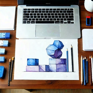 Business Gouache Painting: Workplace With Productivity Tools On Desk With Laptop Computer