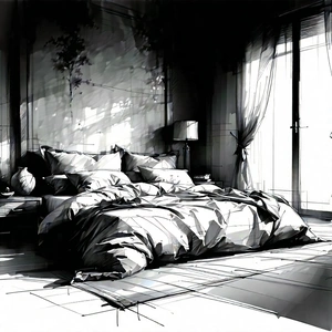 Lifestyle Pencil Sketch: Bedroom sanctuary with comfortable textiles