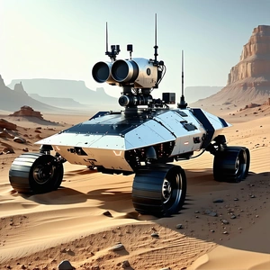 A Futuristic Robotic Vehicle Is Parked In A Desert-like Environment