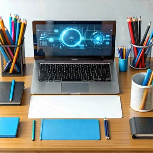 Business Technical Illustration: Workplace With Modern Office Supplies On Desk With Wooden Desk