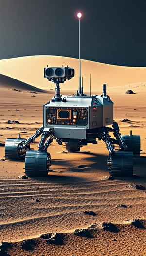 A Robot Is Standing On A Dirt Surface, With Its Wheels Visible