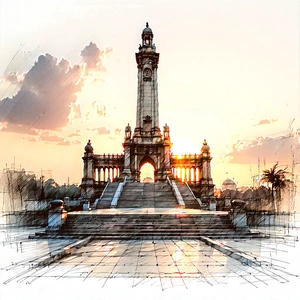 Urban Pencil Sketch: Historic Monument With Sunset Glow With Large, Ornate