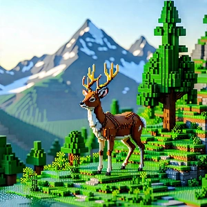 Nature Voxel Art: Deer In Mountain Terrain With Image, There