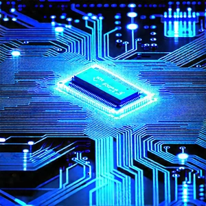 Circuit board with blue light (glow:1.35)