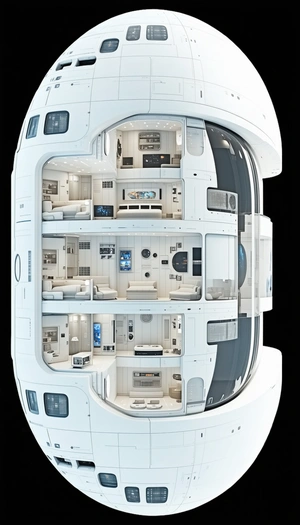 The Image Is A 3d Model Of A Space Station, Showcasing A Variety Of Rooms And Spaces