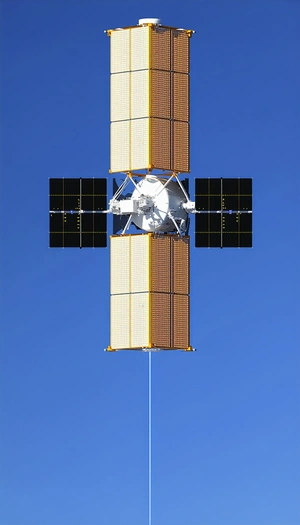 A Space Station Is Floating In The Air, With A Large Satellite Dish On The Bottom