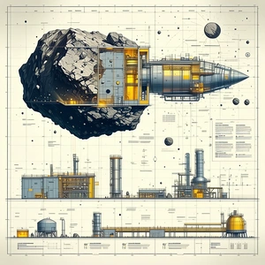 The Image Is A Detailed Drawing Of A Space Station, With A Large Rock In The Foreground
