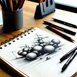 Business Ink Drawing: Workplace With Notebooks And Pens On Desk With Wooden Desk