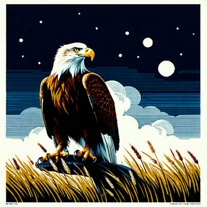 Nature Linocut Print: Eagle In Prairie Grassland With Majestic Bald